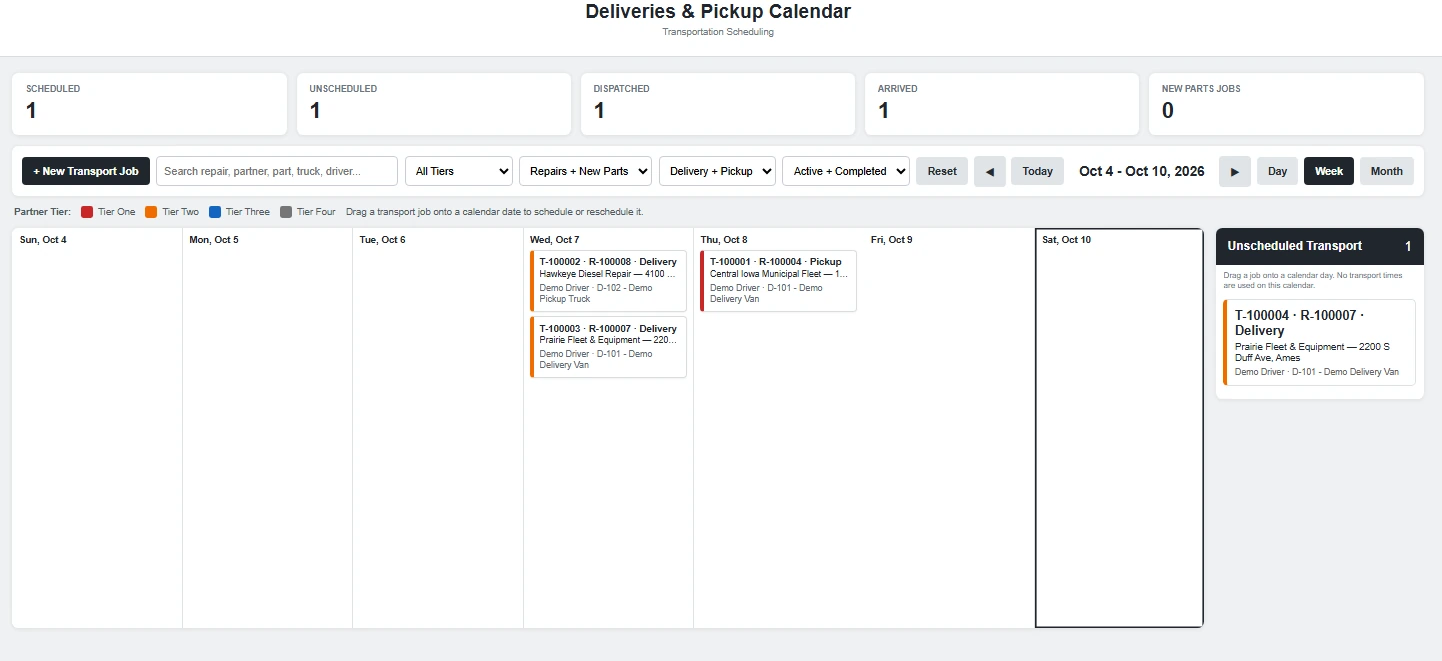 Pickup and delivery week calendar
