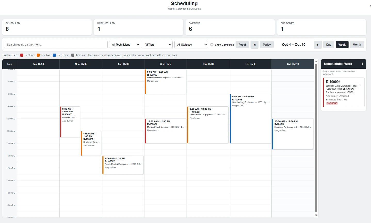 Week view of the repair scheduling calendar