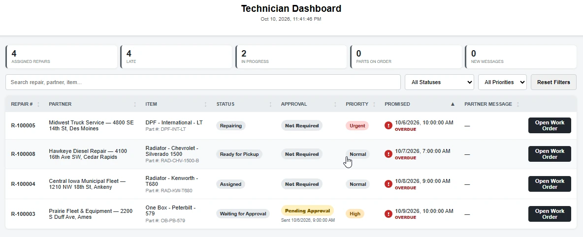 Technician dashboard with assigned jobs